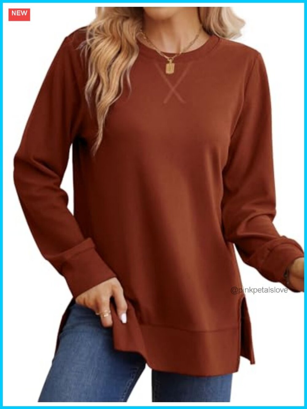 Women's Long Sleeve Crew Neck Sweatshirt with Side Slit Relaxed Fit Pullover